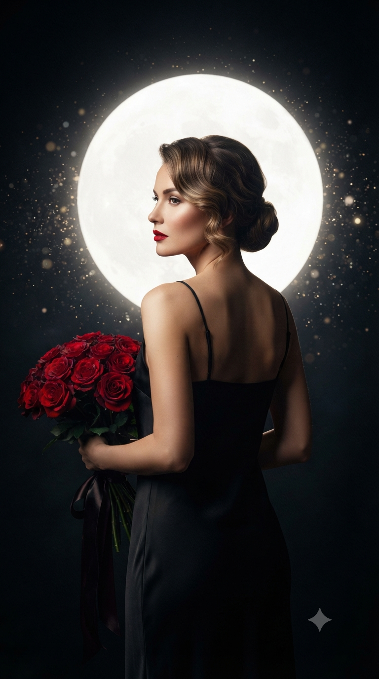 Candid lifestyle potraiture — Luminous Moonlit Red Rose Portrait