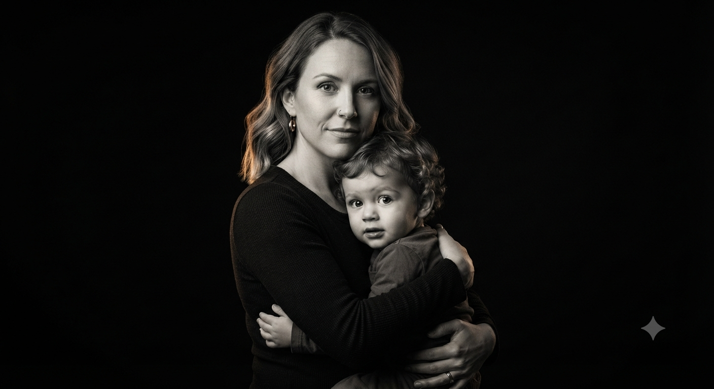 Amber Embrace: Medium-Shot Mother and Toddler Monochrome Studio Portrait