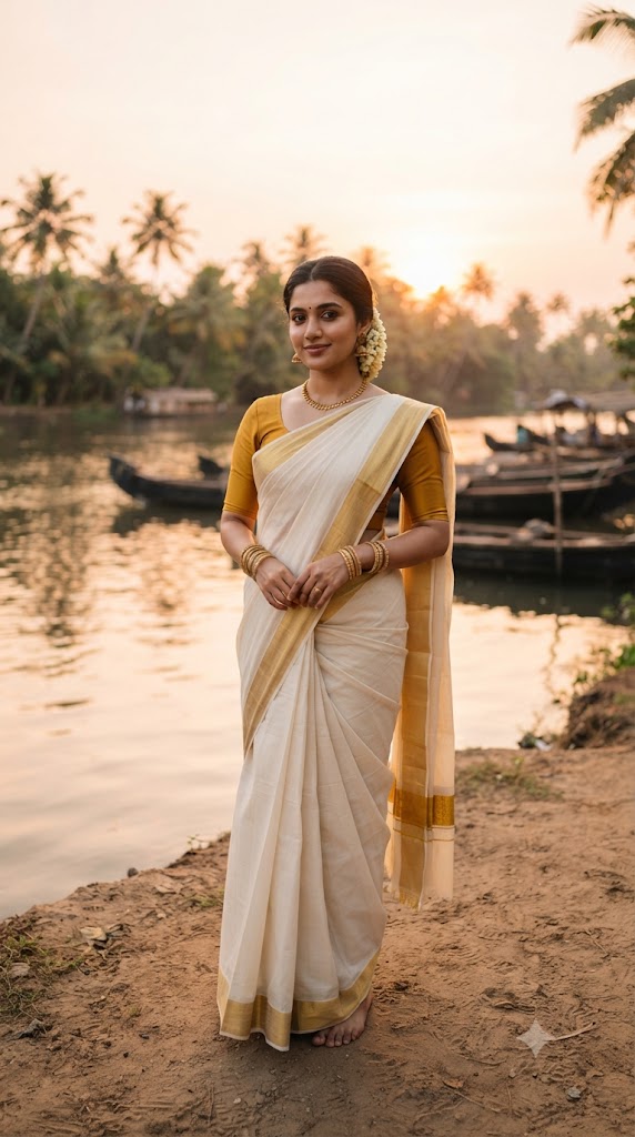 Traditional onam Ethnic Fashion — Kerala Backwater Sunset Portrait