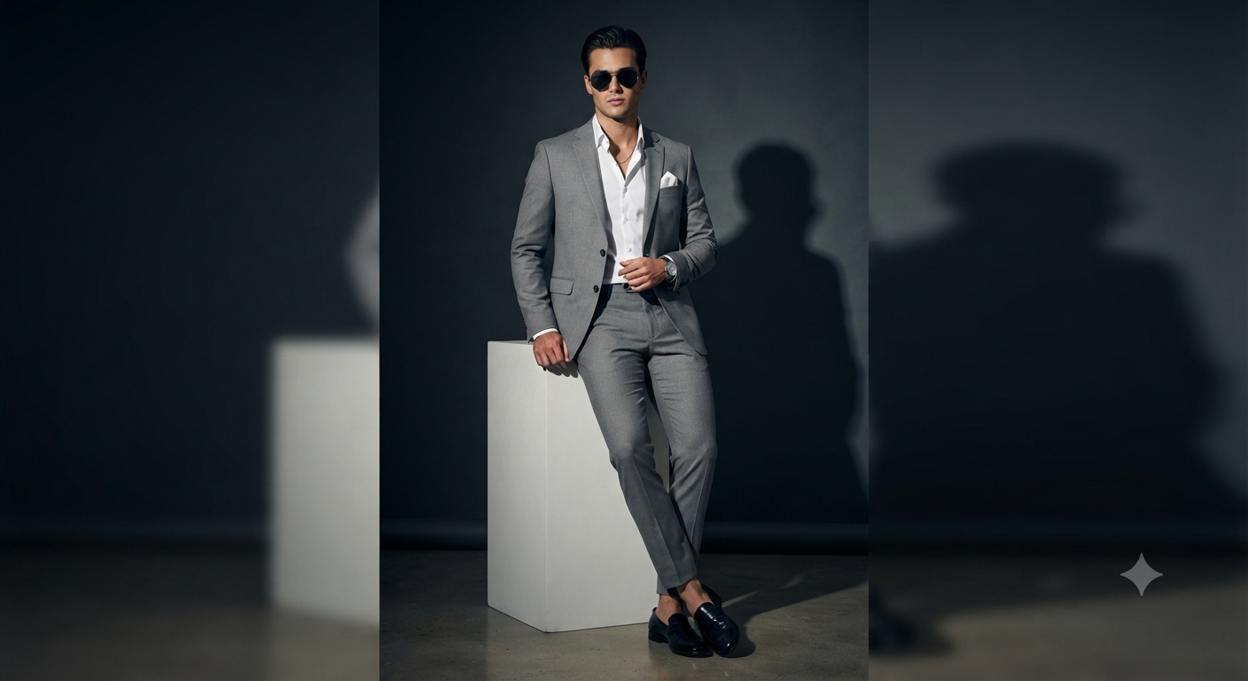 Moody Grey Suit Editorial Pedestal Portrait