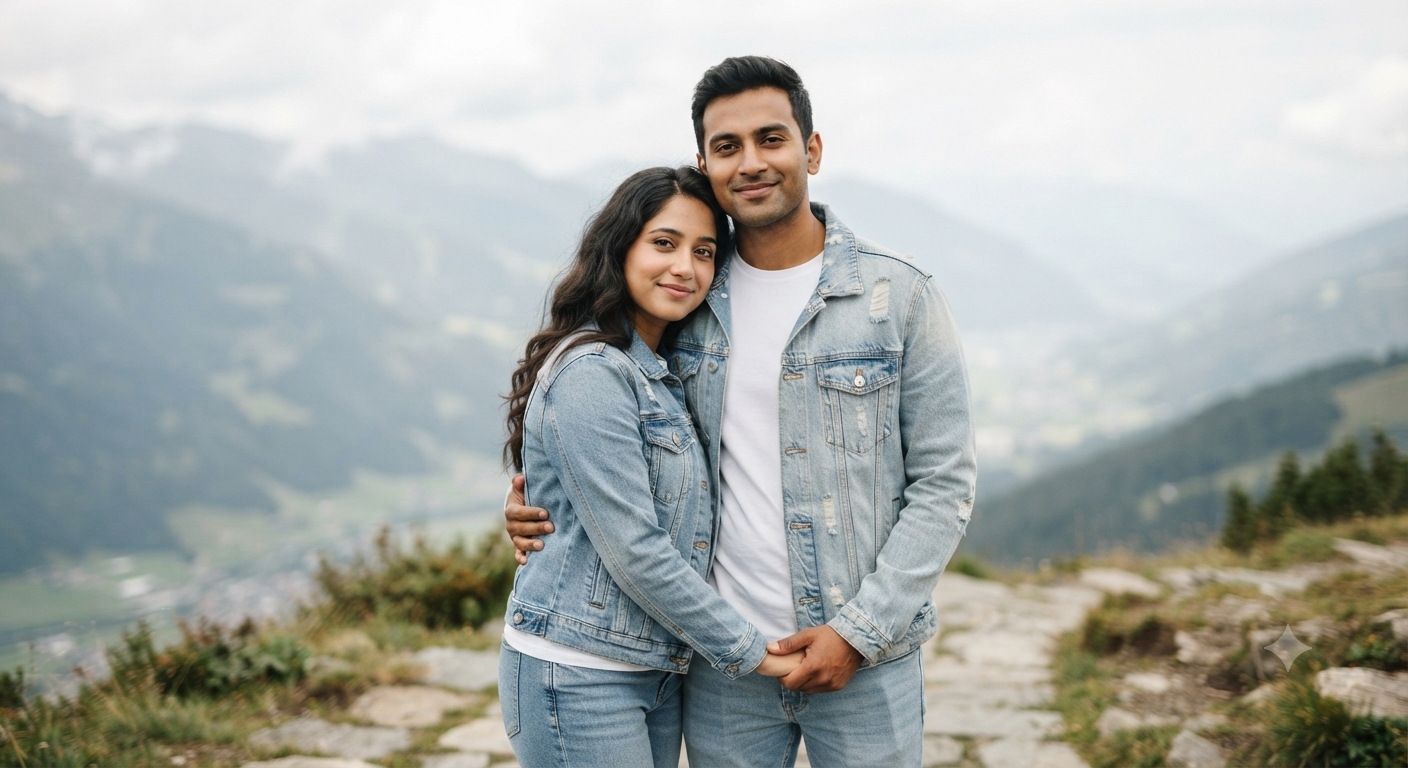 Alpine Denim Embrace: The Matching Mountain Portrait
