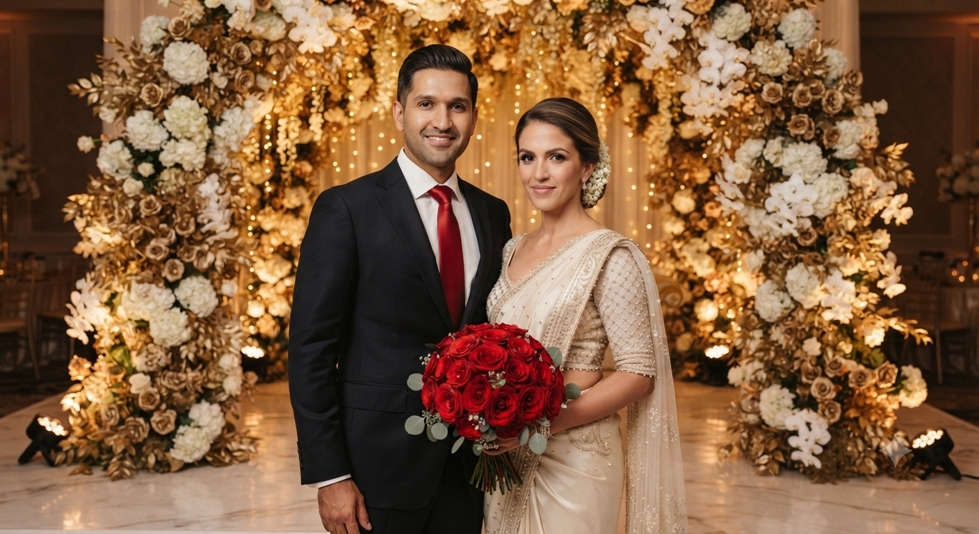 Golden Floral Arch and Red Rose Reception Portrait