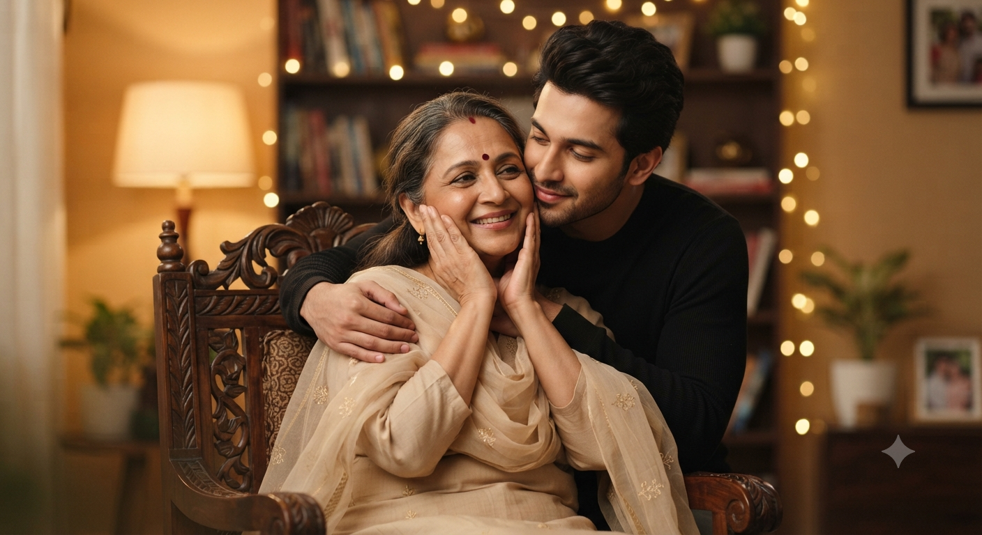 Timeless Bond: Medium-Shot Mother and Adult Son Warm Home Portrait