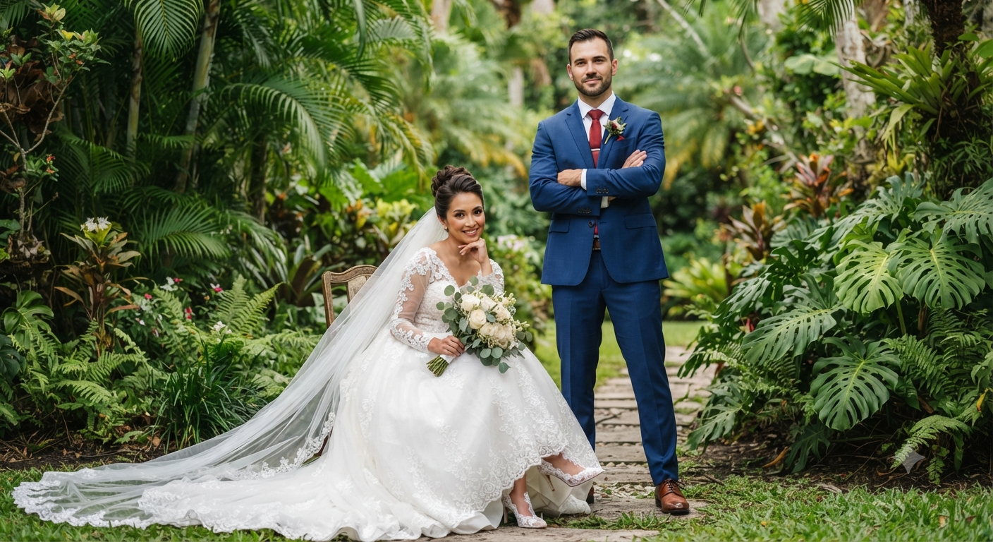 Wedding Reception Studio Portraiture — Lush Tropical Garden Wedding Newlywed Portrait