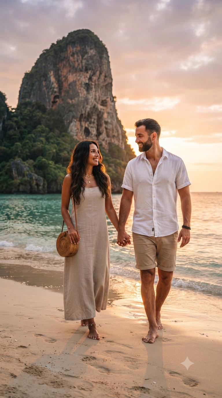 Tropical Sunset Beach Stroll Couple Portrait