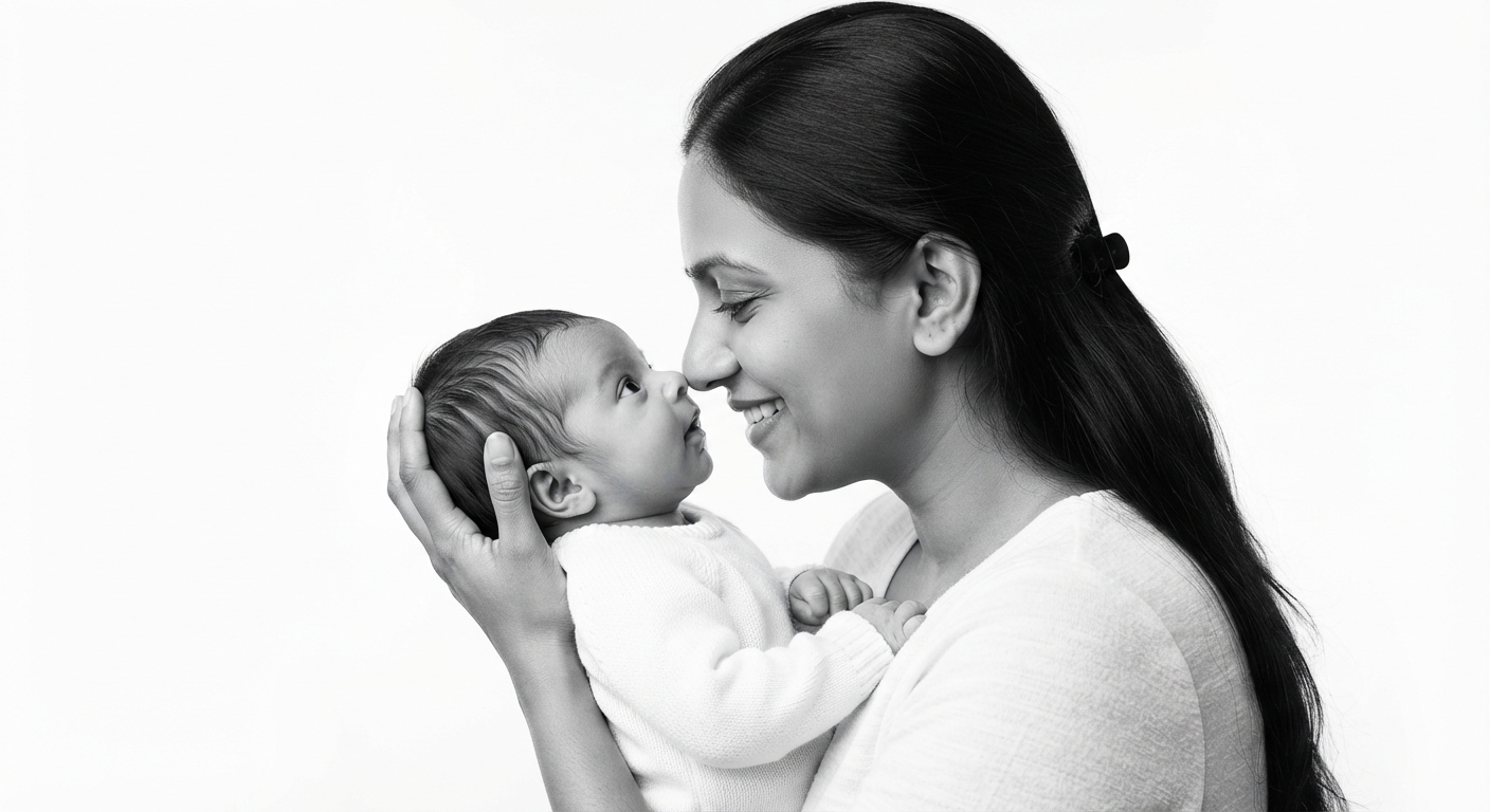 Mother's Embrace: Minimalist Black-and-White Studio Portrait of Mother and Newborn