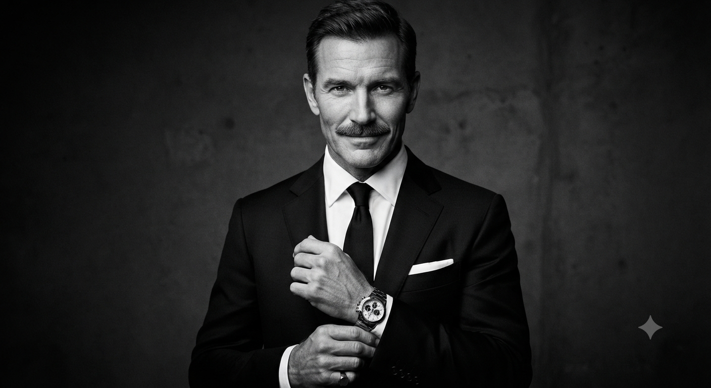 The Distinguished Mustache: A Tailored Black and White Portrait