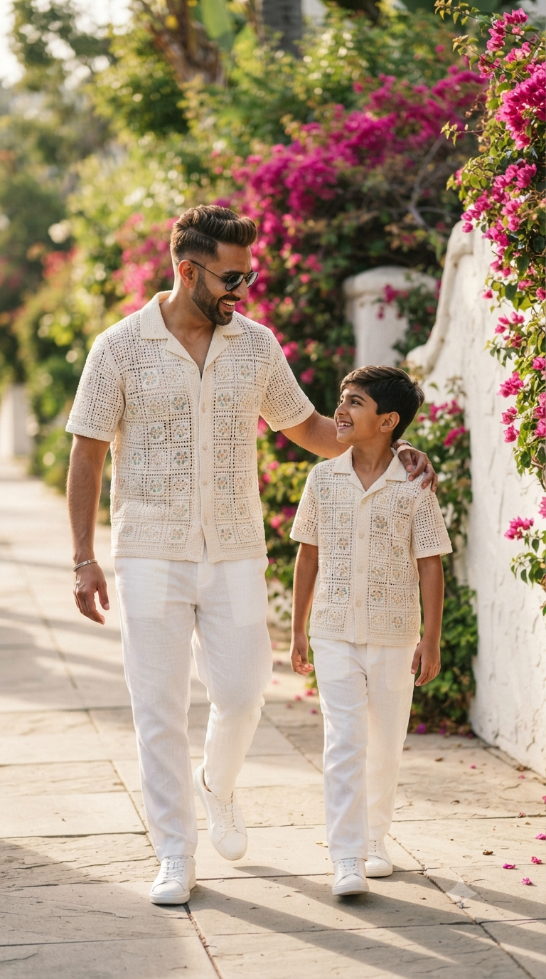 Father and Son Studio Portrait — Bougainvillea Stroll: Father-Son Resort-Style Editorial