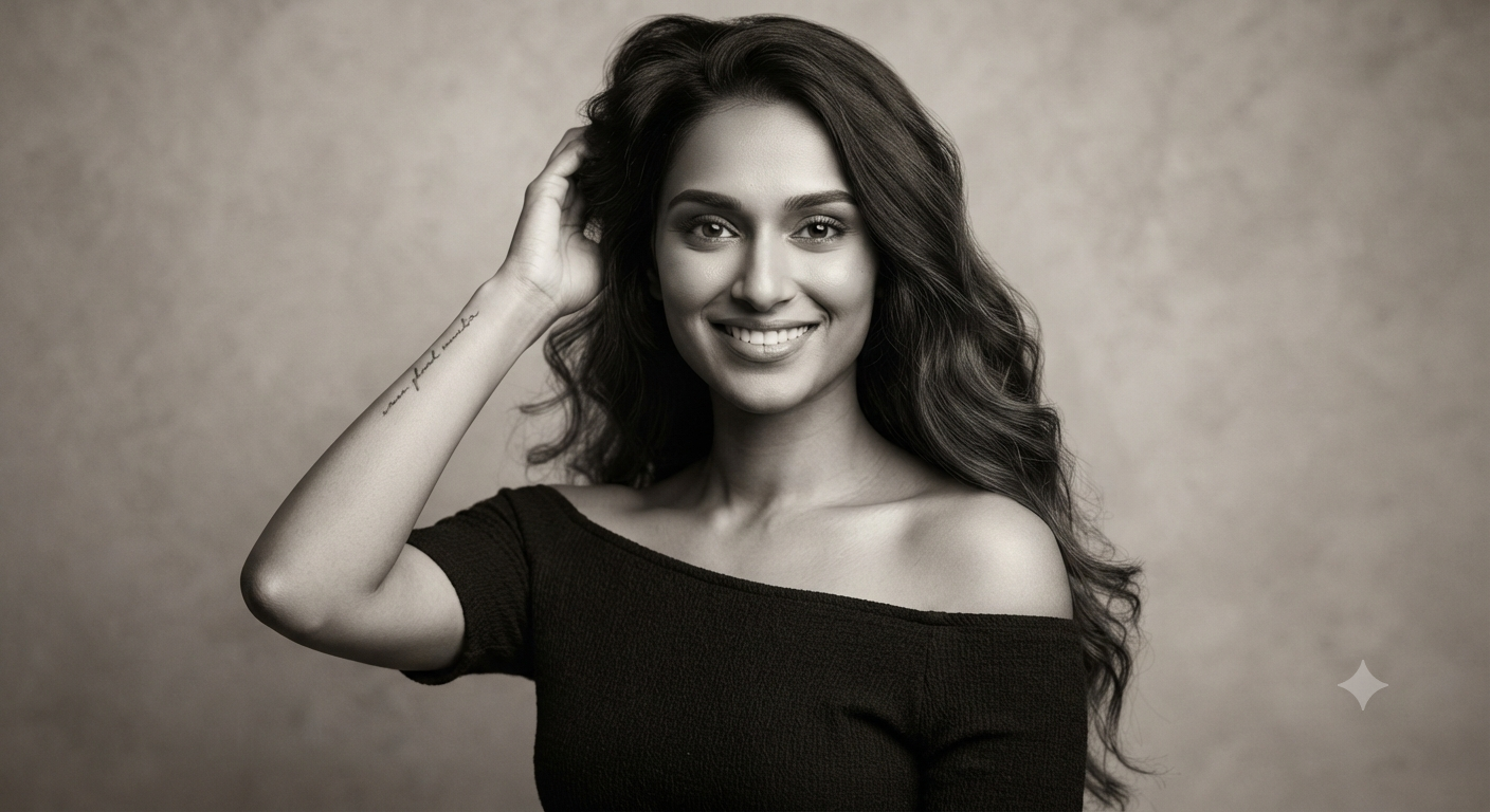 The Script Tattoo Muse: A Timeless Black and White Portrait