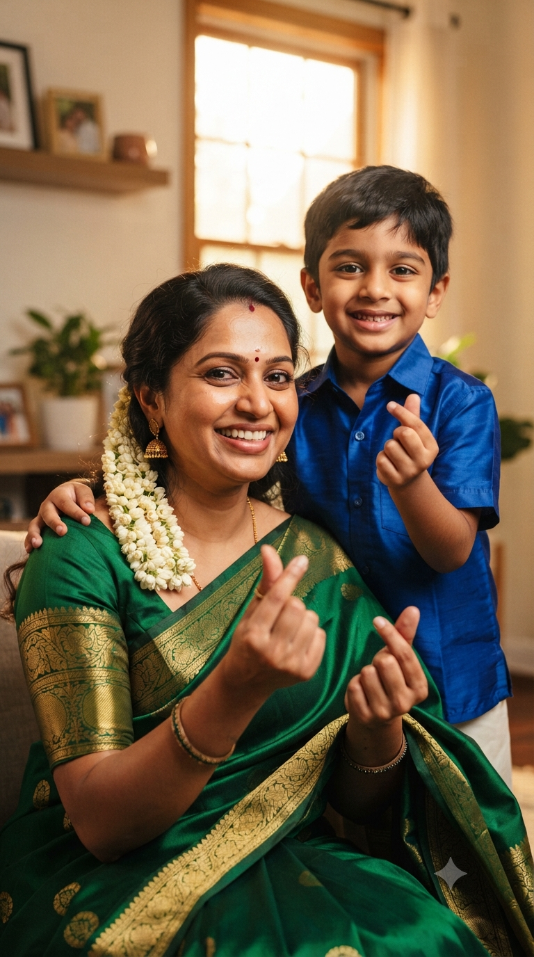 Heartfelt Tradition: Close-Up Mother and Son Finger Heart Studio Portrait