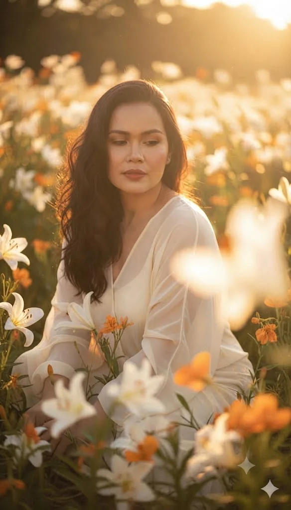 Ethereal Grace: A Golden Hour Portrait in a Lily Field