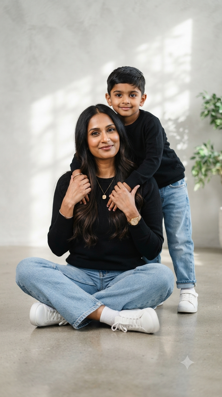 Mother and son Studio Portrait — Modern Monochrome: Full-Length Mother and Son Matching Studio Portrait