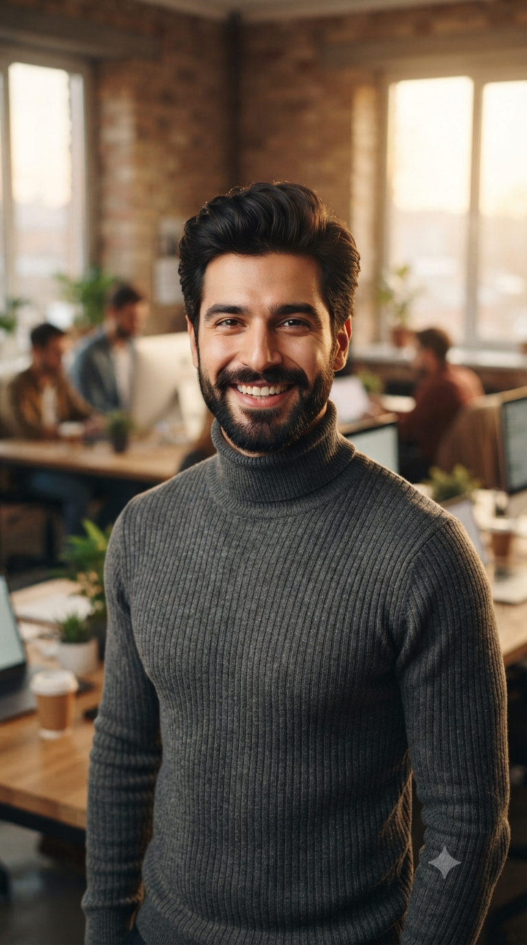 Dark Grey Ribbed Turtleneck Open-Office Portrait