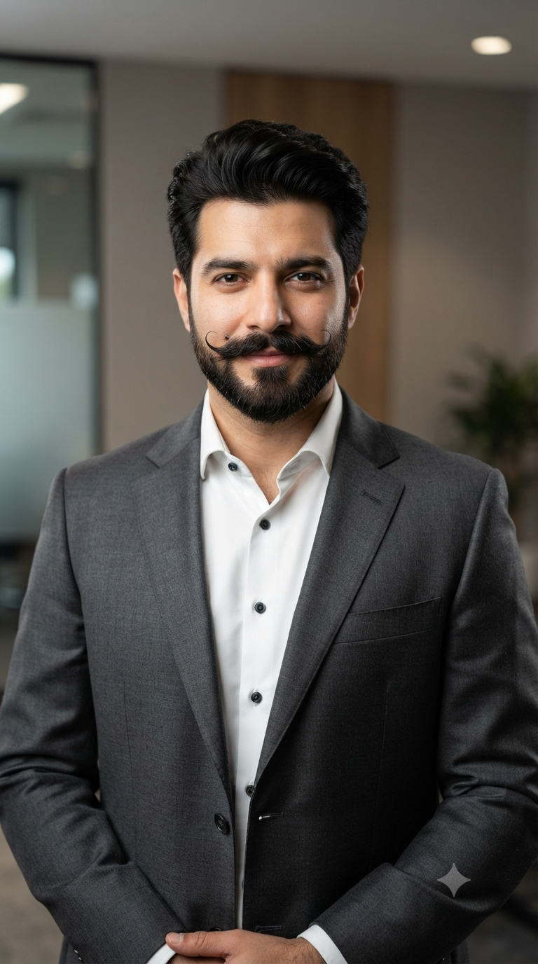 Charcoal Grey Suit Waxed Mustache Executive Headshot