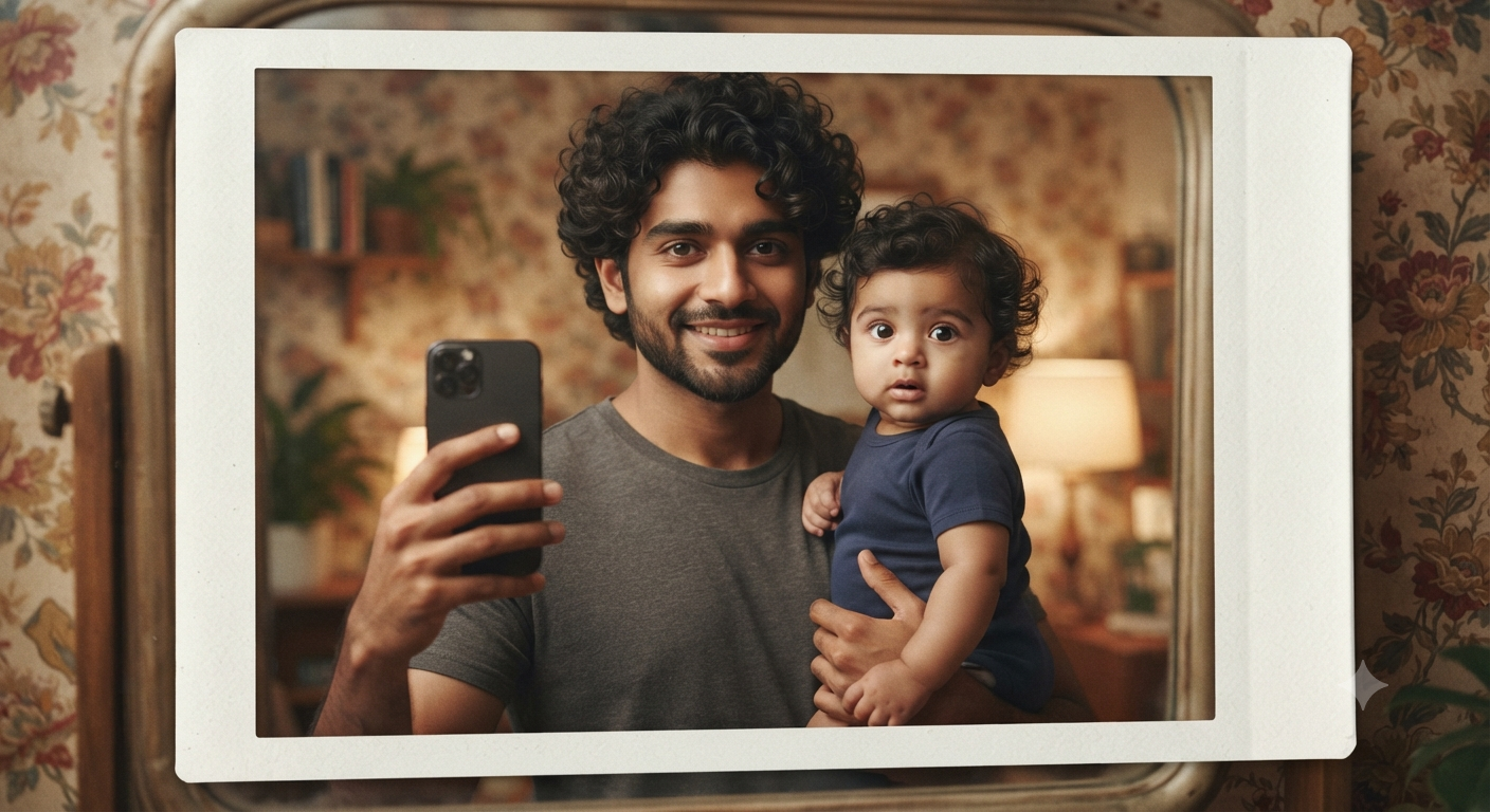 Vintage Polaroid: Father and Son Indoor Mirror Selfie Editorial