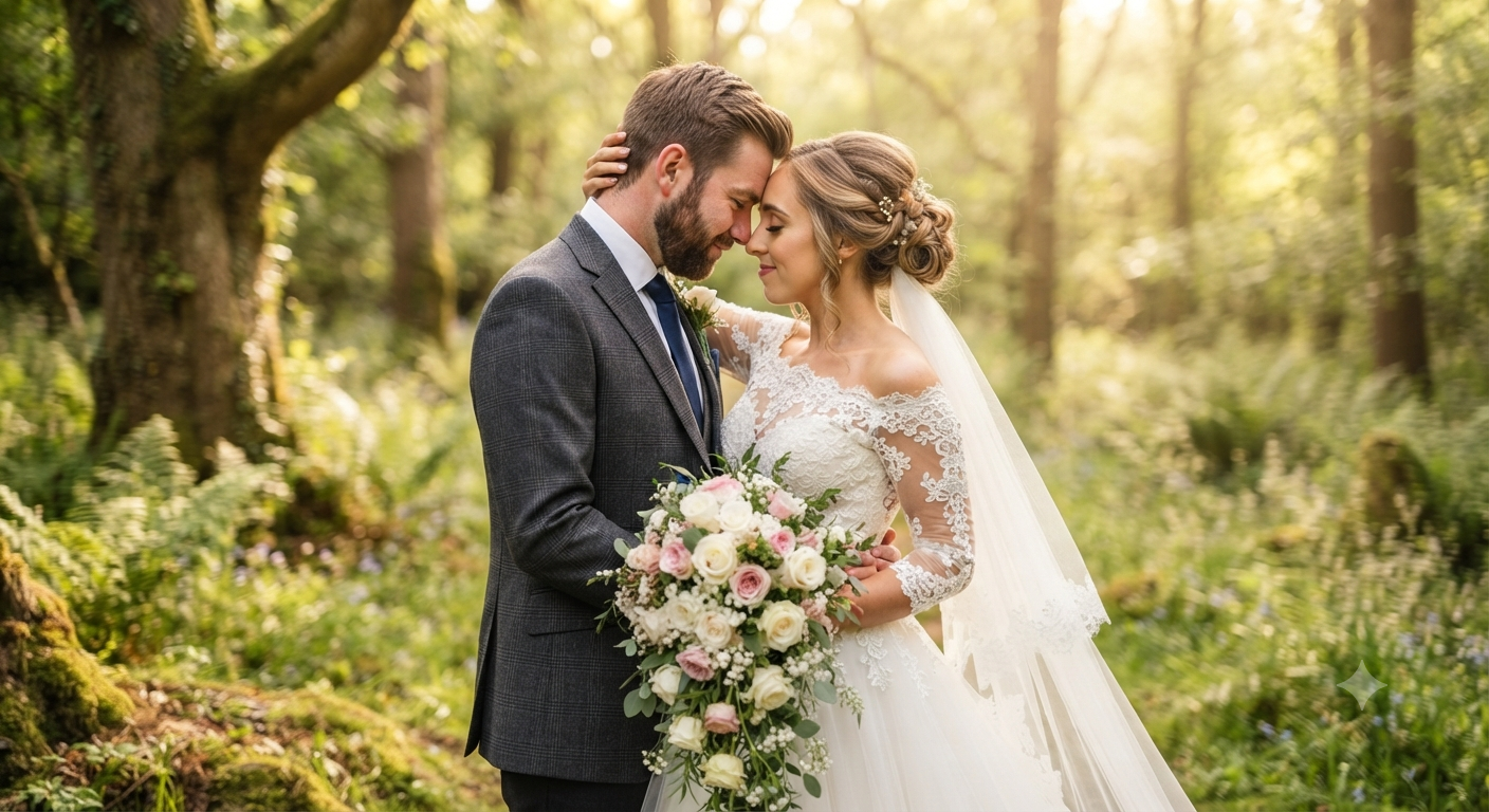 Dappled Forest Sunlight Romantic Newlywed Portrait