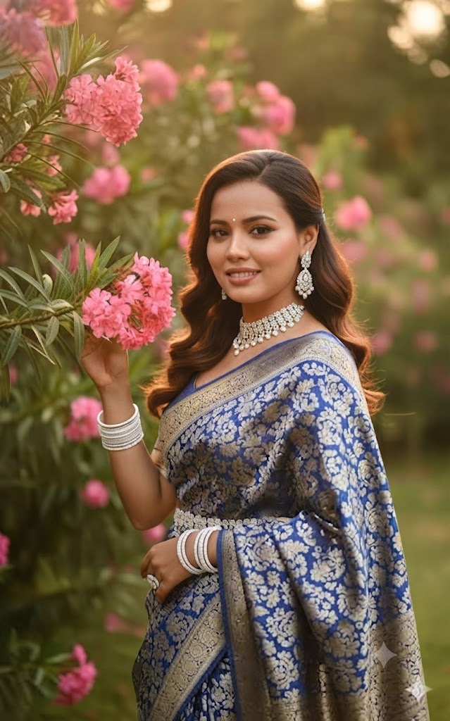 The Sapphire Bloom: A High-Definition 8k Outdoor Saree Portrait