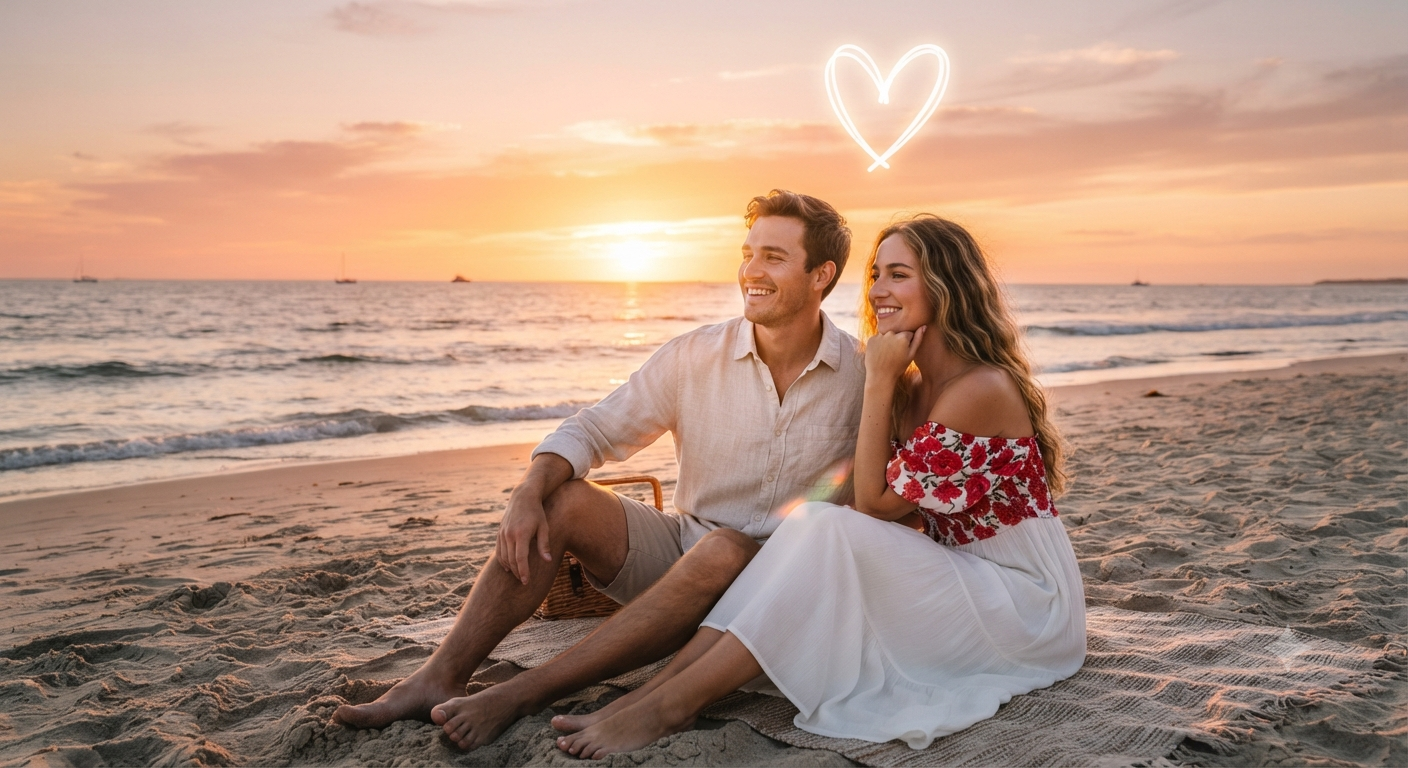 Golden Hour Beach Heart: The White Dress & Linen Shirt Portrait
