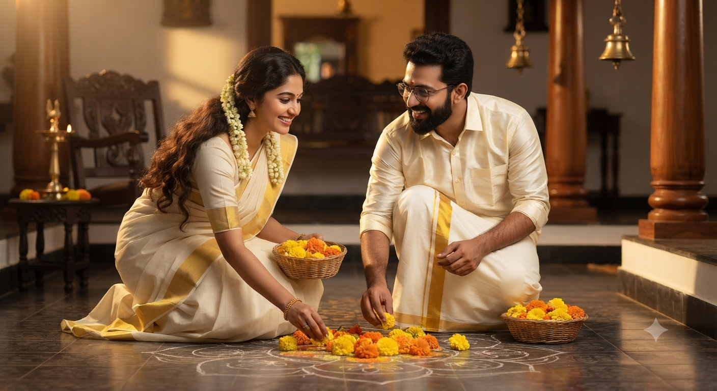 Festival Floral Arrangement Couple Portrait