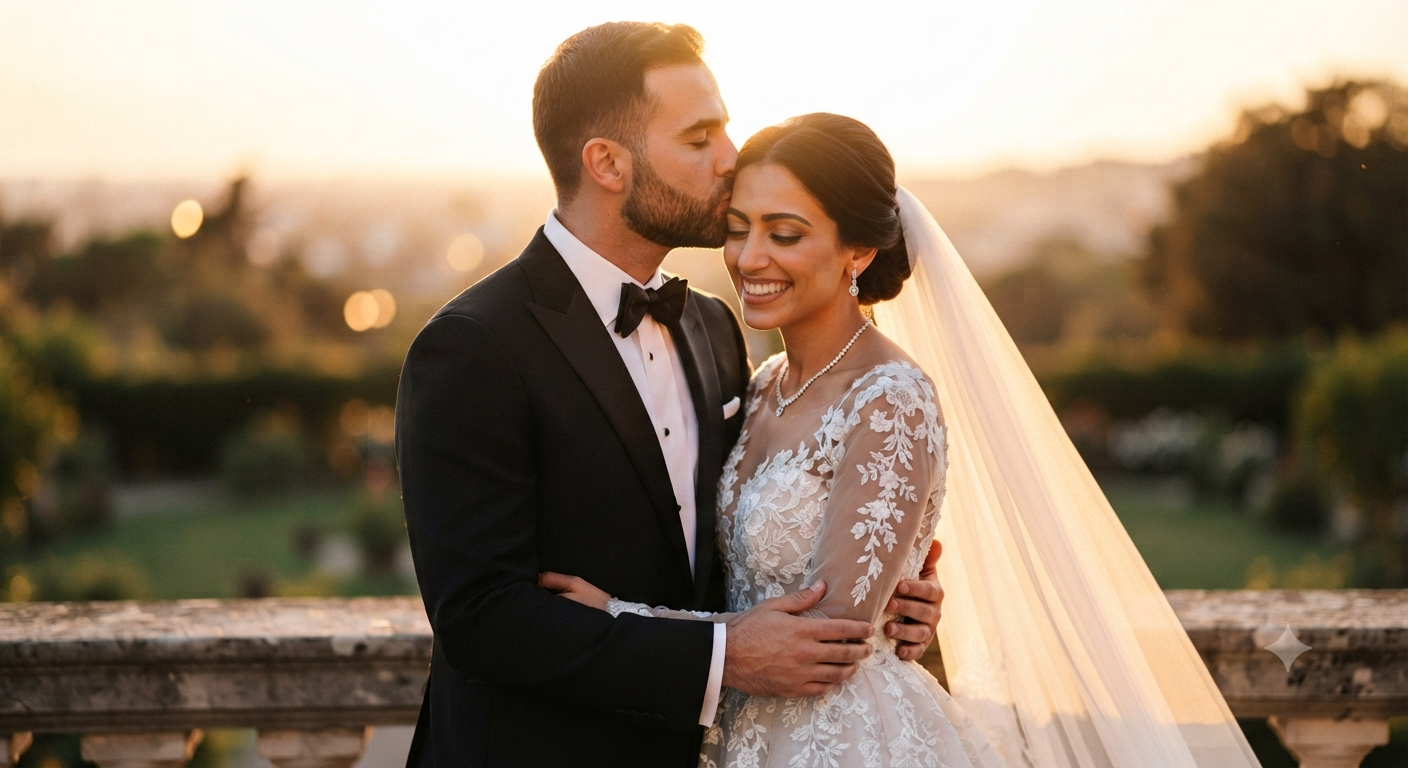 Golden Backlit Evening Newlywed Portrait