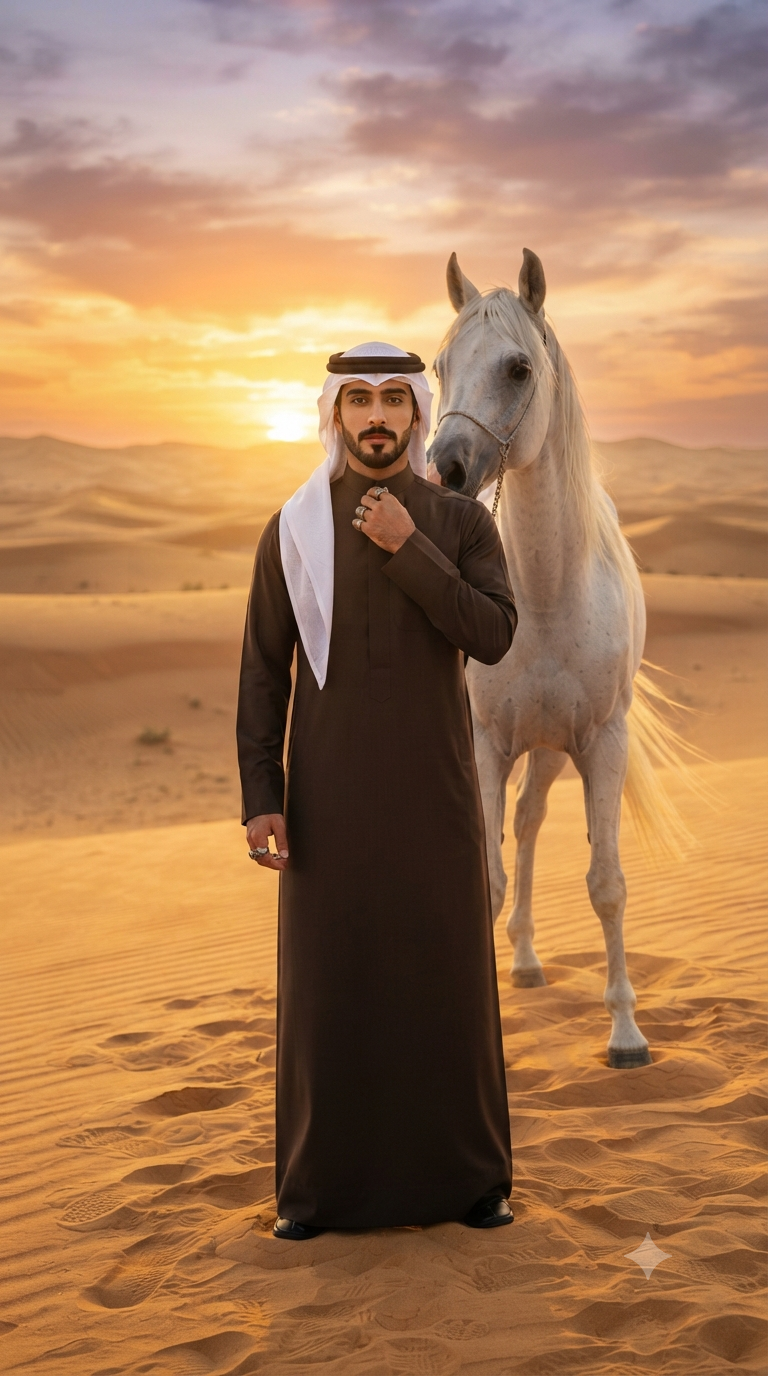 Desert Sunset Arabian Horse & Thobe Portrait