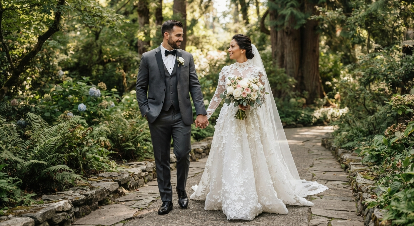 Garden Walkway Dark Grey Tuxedo Newlywed Portrait