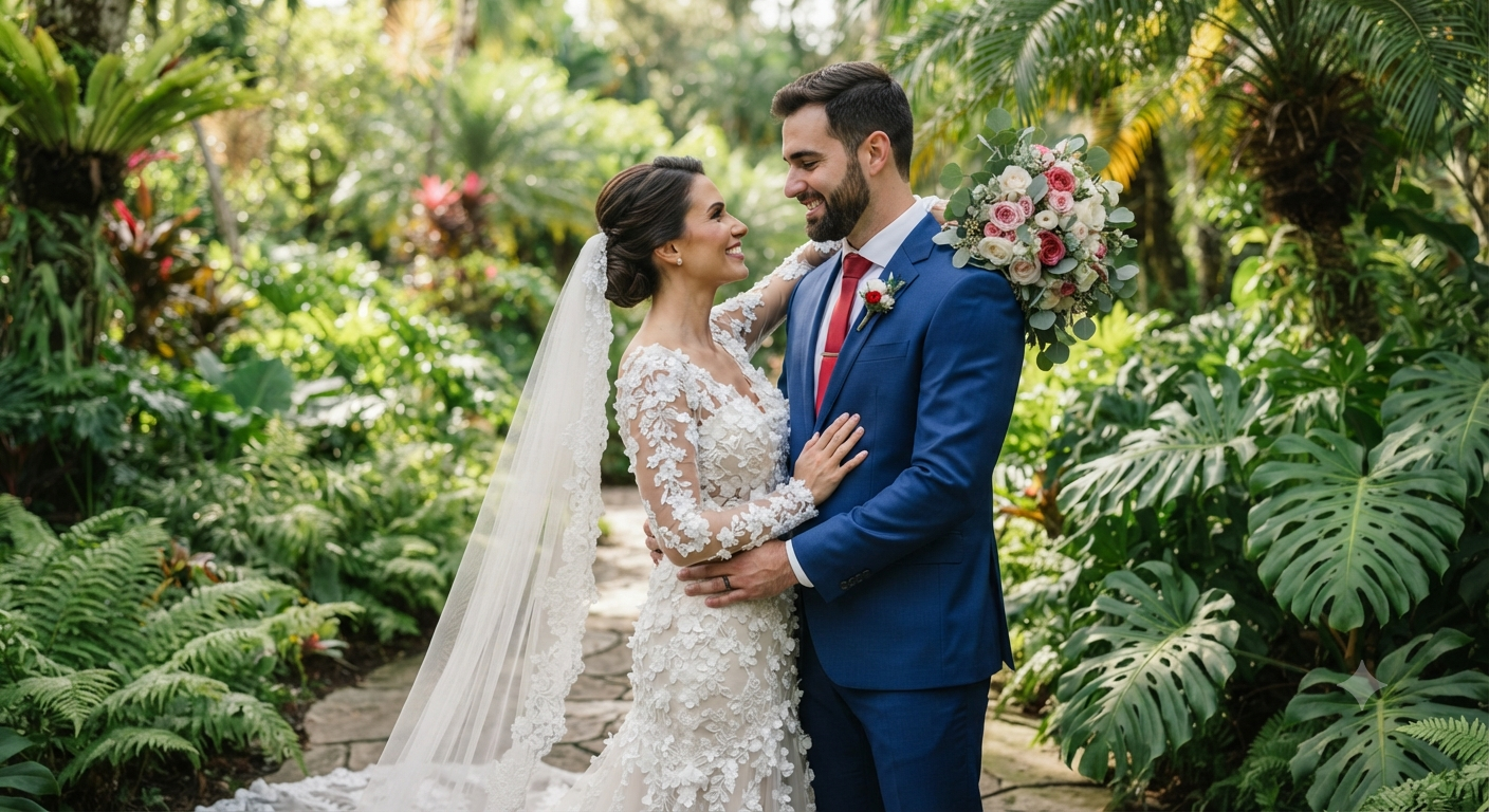 Lush Tropical Garden Newlywed Portrait