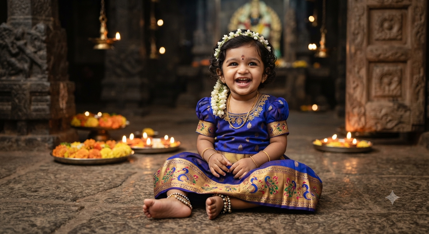 Traditional Child Portraiture — Sacred Radiance: Medium-Shot Baby Girl Temple Portrait