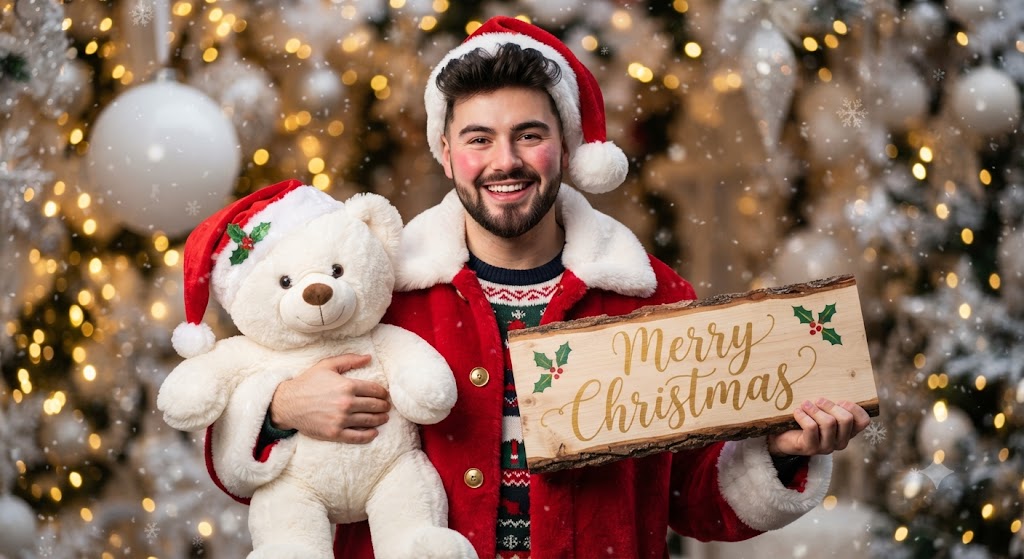 Festive Santa Portrait with Teddy Bear and Sign