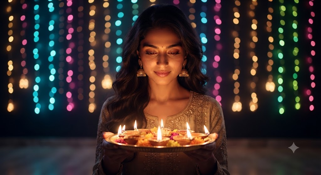 The Diya Tray Illumination: A High-Definition 8k Cultural Night Portrait