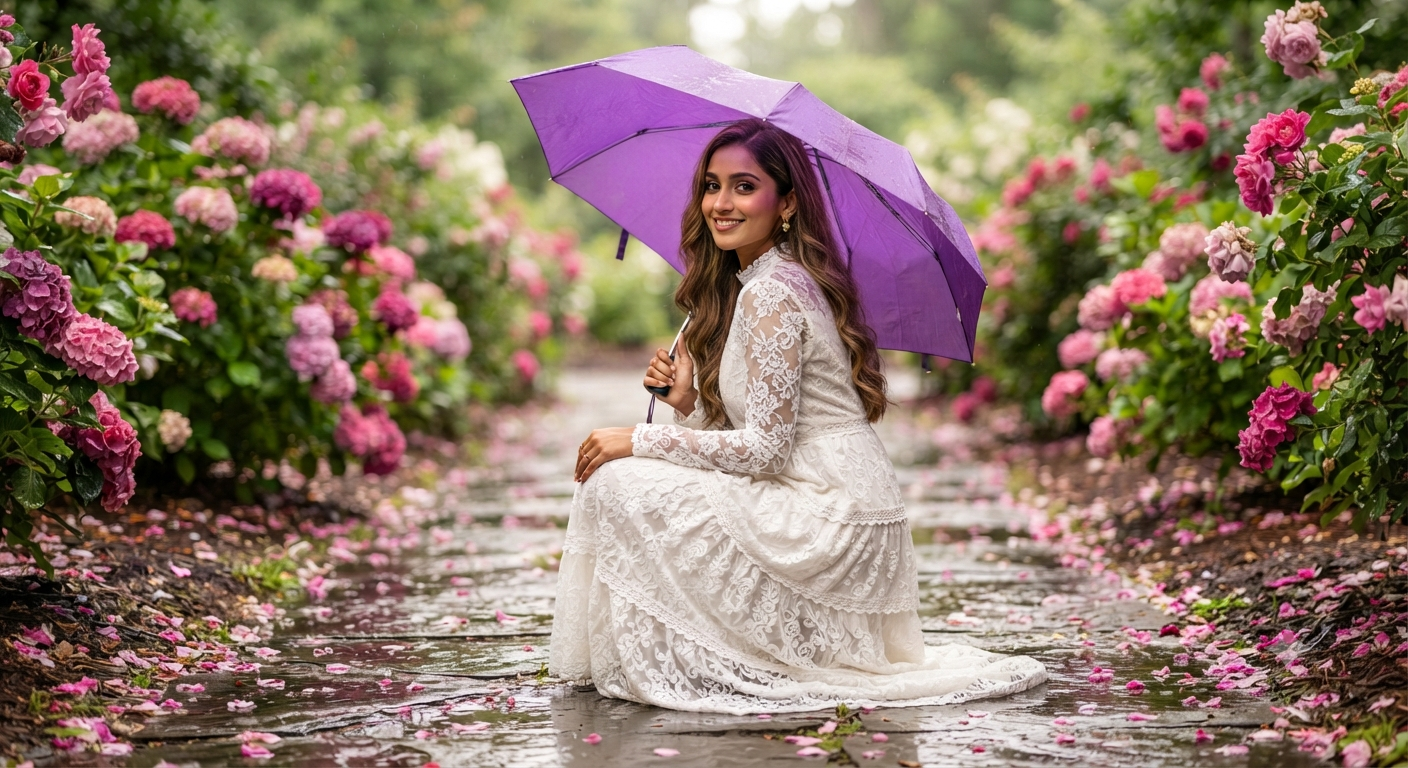 The Rainy Garden Muse: A Lace Gown and Purple Umbrella Portrait