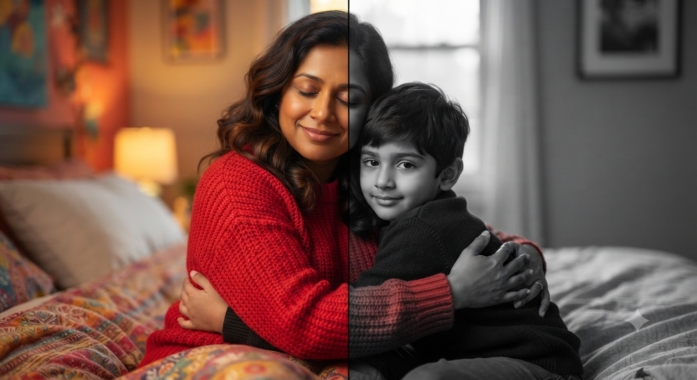 Dual Contrast: Medium-Shot Split Color and Monochrome Embrace Portrait