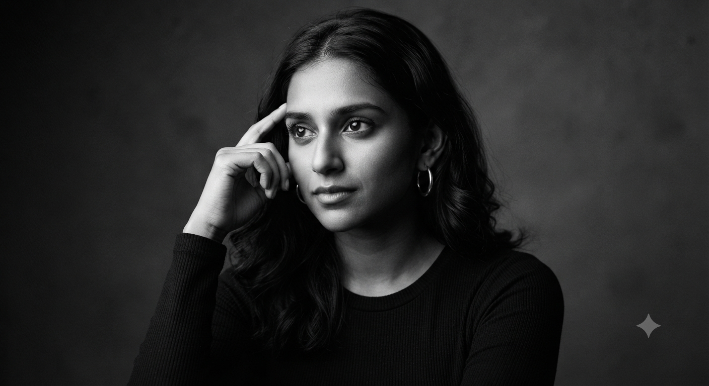 Thoughtful Monochromatic Portrait with Raised Hand