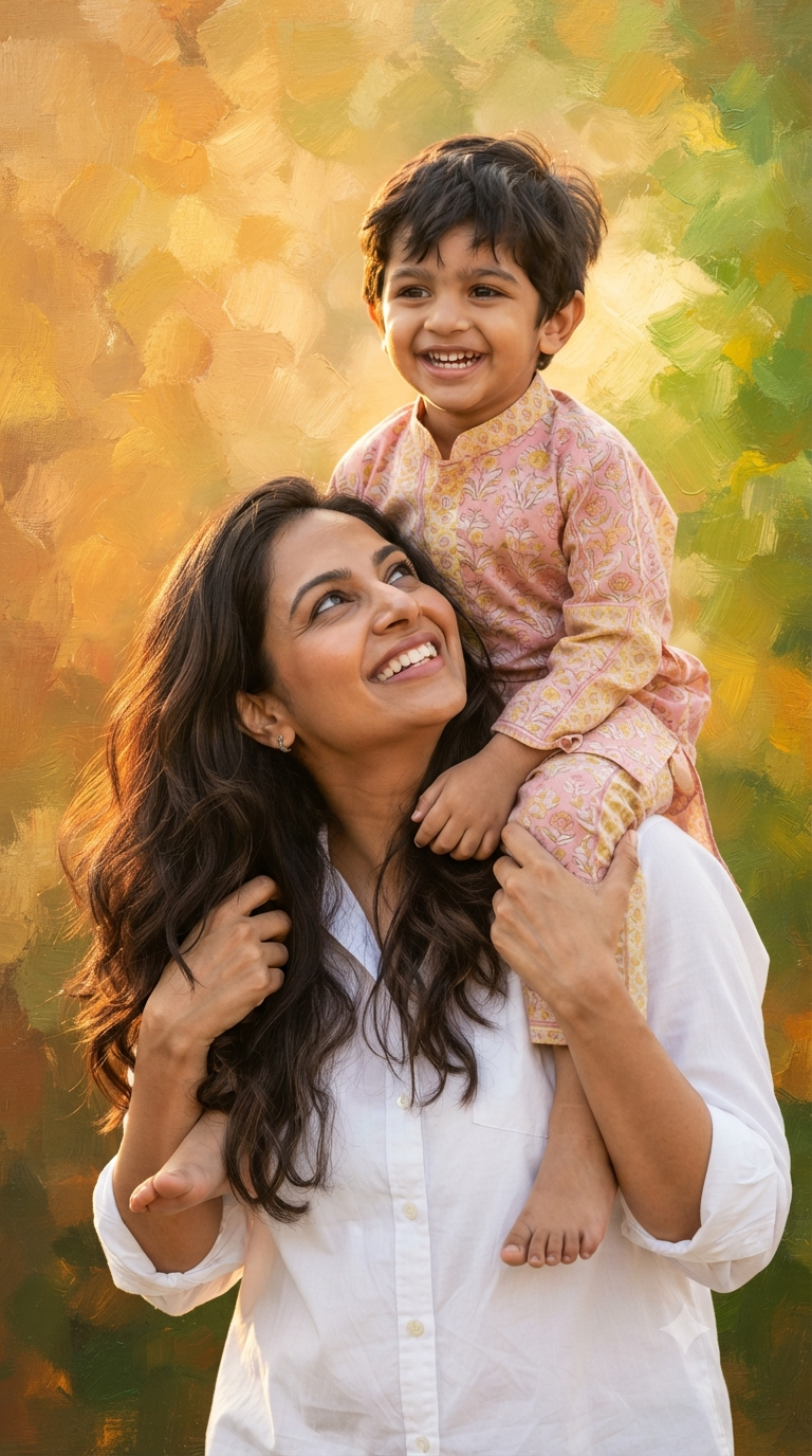 Sunlit Bond: Close-Up Mother and Son Shoulder-Ride Fine-Art Portrait