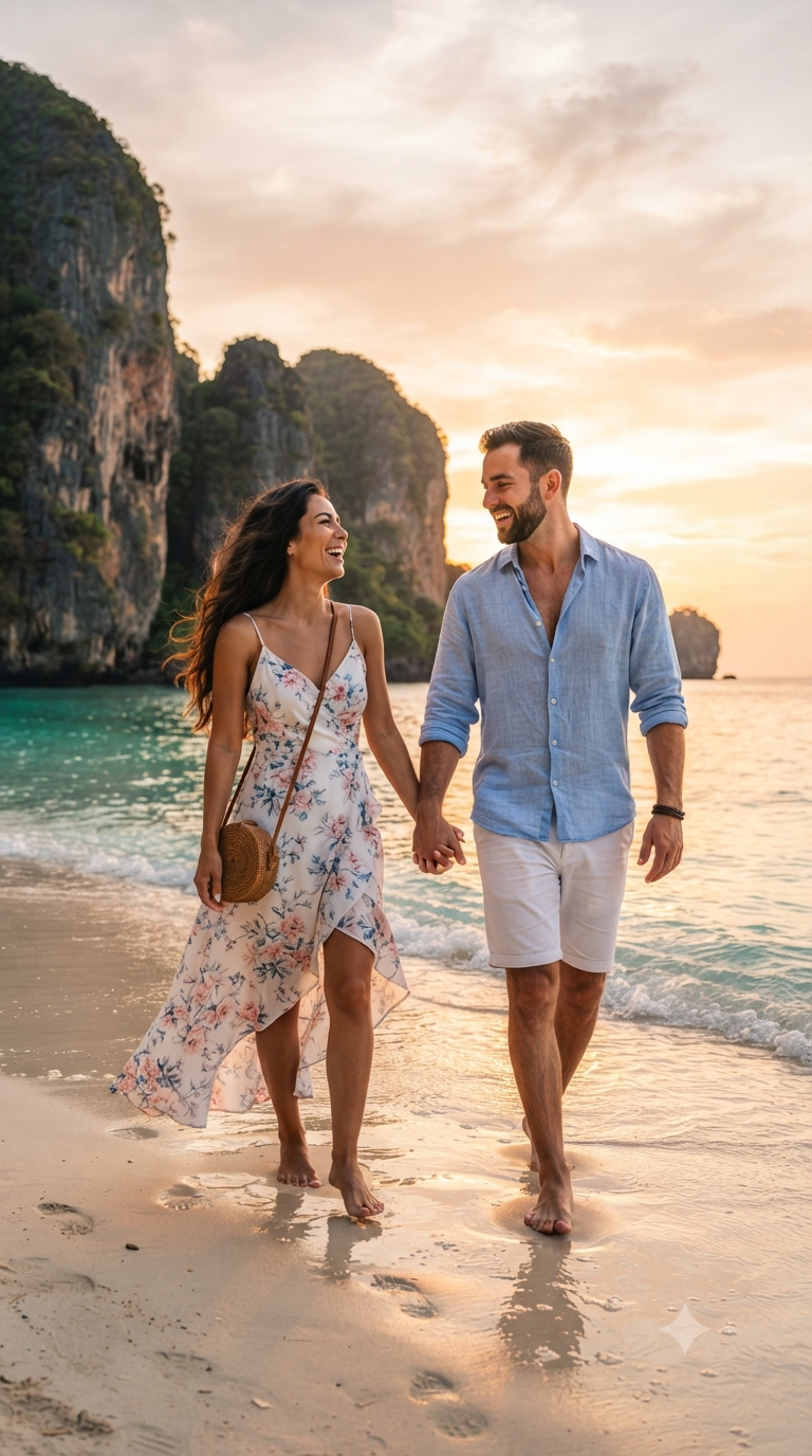 Golden Hour Limestone Cliff Beach Stroll Couple Portrait