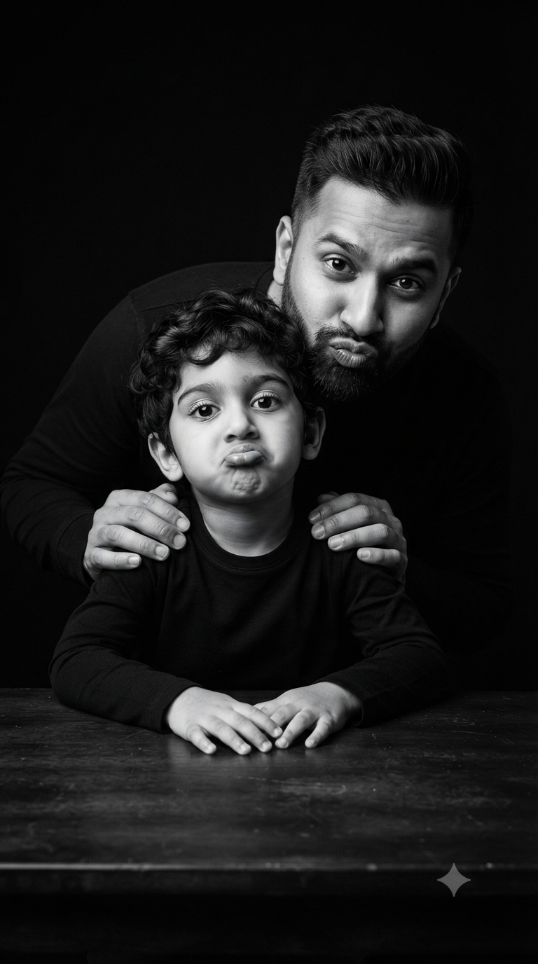 Monochrome Play: Close-Up Black and White Father and Son Studio Editorial